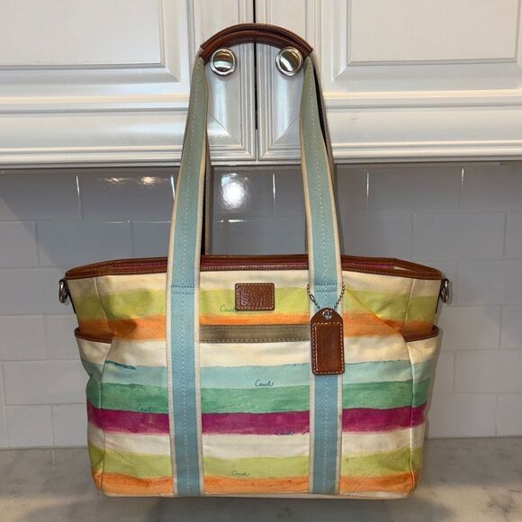 Coach Purse Handbag Hampton Stripe Watercolor Baby or Overnight Weekend Bag Tote - Picture 4 of 16